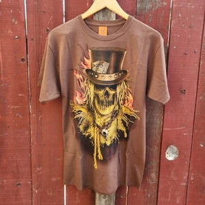Happy Halloween Scarecrow Skull Flames Graphic T-Shirt Size M Brown NWT - Bild 1 von 7