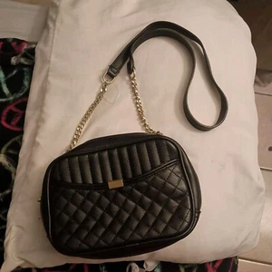 Zara Black Faux Leather Quilted Rectangle Crossbody Shoulder Bag Gold Chain - Picture 1 of 8