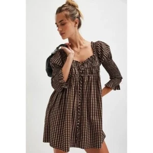 Mini Vestido FREE PEOPLE Star Dip Mangas Abullonadas Negro Marrón Tostado X-Pequeño - Imagen 1 de 22