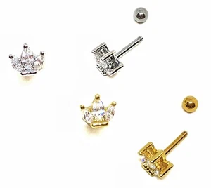 Crown CZ Cartilage Tragus Bar Helix Lip Bar Ear Stud 316L Stainless - Ball Ends - Picture 1 of 5