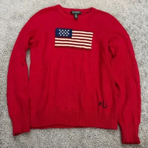 Suéter Vintage Lauren Ralph Lauren Tejido Bandera Algodón Americano Para Mujer - Talla M Rojo - Imagen 1 de 6
