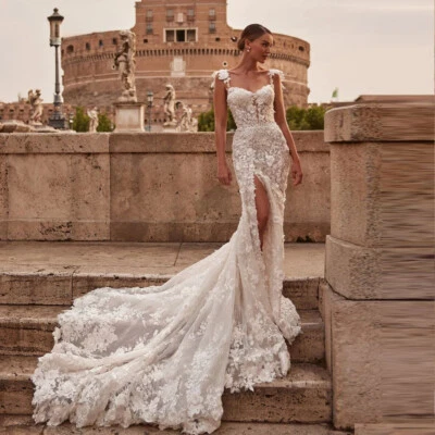 Zip Wedding Dresses Mermaid Lace Appliques Slit Spaghetti Straps Royal Train - Image 1 of 4