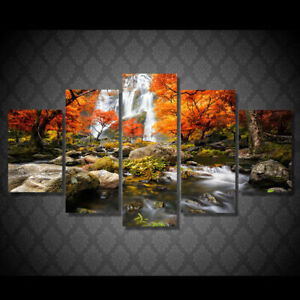 Autumn Golden Trees Waterfall Landscape Canvas Prints Painting Wall Art Decor 5P