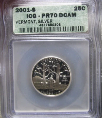 2001-S Vermont Silver Statehood Quarter  ICG PR-70 DCAM Graded Coin  ---- #110C - Image 1 of 4