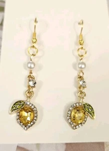 New Sparkling Faux Pearl Crystal LEMON Gold Plated Hook Dangle Drop Earrings - Picture 1 of 4