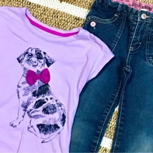 Puppy dog shirt and denim jeans purple girl 5 school animals bows Cherokee kids - Picture 1 of 8