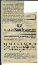 Antike Quittung ,Dresden,  Dresdner Neueste Nachrichten, 1927, Sterbeanzeige