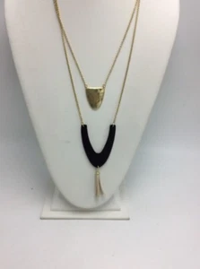 $39 LUCKY BRAND GOLD TONE BLACK LEATHER NECKLACE C73 - Picture 1 of 8