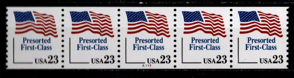 US Stamps, Sc #2605 MNH 1991 coil strip of (5) 23¢ Plate #A111 FLAG - Image 1 of 1