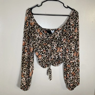 Rue 21 Blouse Womens L Cheetah Print Butterfly Boho Babydoll Cropped Y2K Baddie - Image 1 of 4