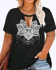 Women's Plus Size Black Floral Print Casual Keyhole Short Sleeve Top Size 5XL - Picture 1 of 3