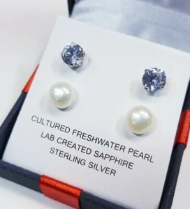 Cultured Freshwater Pearl & Lab Created Sapphire Sterling Silver Post Earrings - Picture 1 of 6