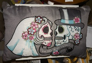 Day of the Dead Til Death Do Us Part Sugar Skull Pillow 2020 23" x 15" Goth - Picture 1 of 10