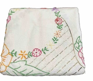Vintage Needlework Hand Embroidered Linen Square Table Top Cover 35” Square - Picture 1 of 11