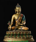 11'' Old Tibet Temple Bronze Painting Sitting lotus Medicine Buddha Statue