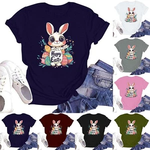 Happy Easter Women's Fashion Printed Round Neck Short Sleeve T-Shirt Pullover - Picture 1 of 33
