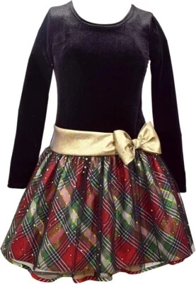 Bonnie Jean Big Girls Santa Christmas Holiday Plaid Velvet Bow  Green Red dress - Image 1 of 2