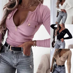 Womens Zip V-Neck T-Shirts Blouse Ladies Long Sleeve Slim Stretch Pullover Tops - Picture 1 of 10