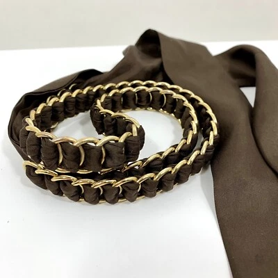 Богатый коричневый / золотистый ленты цепочка ремень SZ S/M - 90-х винтажный регулируемый бант б/у в отличном состоянии - Изображение 1 из 4