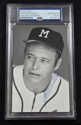 EDDIE MATHEWS Signed Real Photo Postcard-HOF-MILWAUKEE BRAVES-PSA - Image 1 of 4