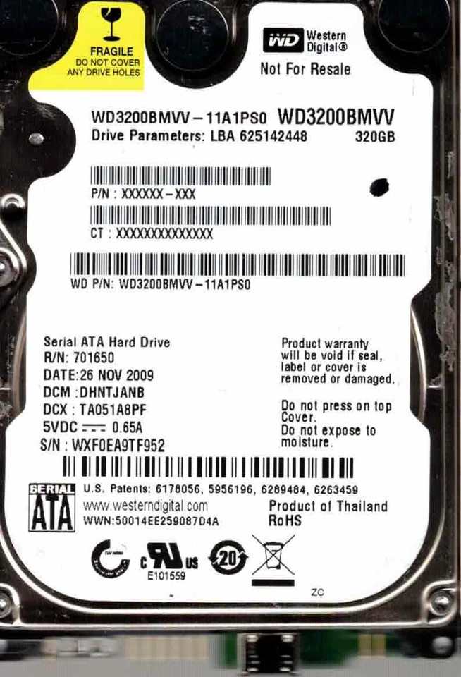 WD3200BMVV-11A1PS0,   DHNTJANB,  WD MicroUS 320GB  NOV 2009  WXF0 - Image 1 of 1
