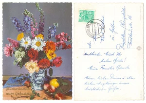 100057 - Blumen in Vase - Geburtstag - Ansichtskarte, gelaufen Leipzig 17.8.1961 - Bild 1 von 1