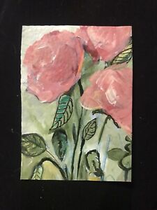 ACEO ATC Acrylic Painting “Soft Roses” Handmade OOAK