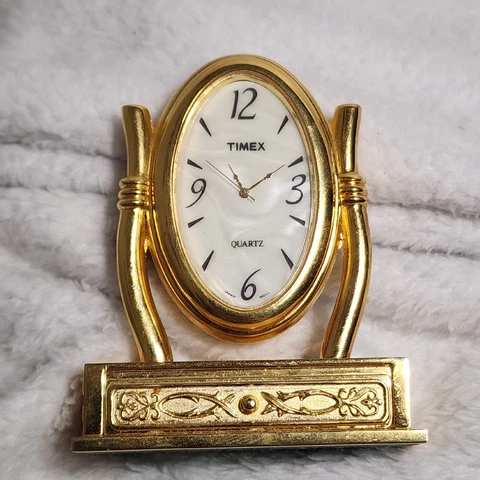 Vintage "Timex" Vanity Mirror - Gold Tone Quartz Mini Clock Cover