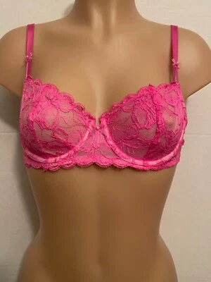 2011 VICTORIA'S SECRET Unlined Demi Bra 34C PRETTY PINK FLORAL Lace Bows New - Image 1 of 4