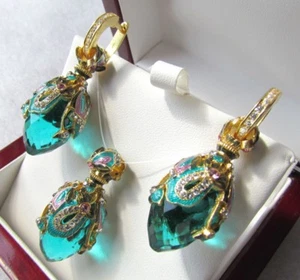AQUAMARINE EARRINGS & PENDANT SET HANDMADE RUSSIAN SOLID STERLING SILVER 925 - Picture 1 of 11