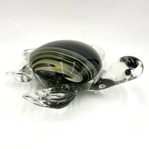 Large Art Glass Sea Turtle Paperweight Heavy Green Yellow Blue Black Clear - Picture 1 of 10