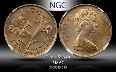 1970 Bermuda 10 Cents Toned Elizabeth II NGC MS67 Highest Grade Online! Cover