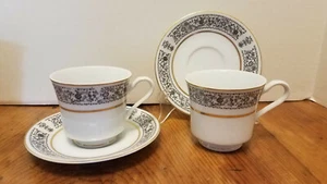 2 Mikasa ROCKFORD #5041 Coffee Tea Cup & Saucer set Black & Gold trim JAPAN Used - Picture 1 of 7