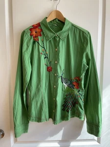Johnny Was 3j Workshop Green Embroidered Button Down Size L Floral Peacock READ - Picture 1 of 9