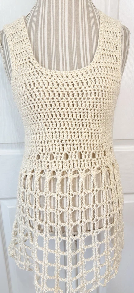 Mini Vestido sin Mangas Hippie Vintage Hecho a Mano Crochet Marfil Dorado Hilo Metálico M/L Foto 1 de 4