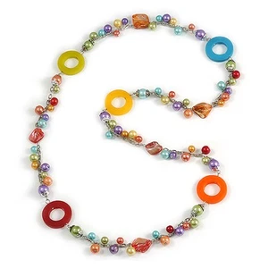 Langer mehrfarbiger Perlen-, Muschel- und Harzring mit silberfarbener Kette Halskette - Bild 1 von 4