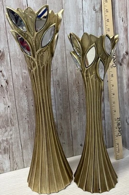 Pier 1 Imports Mirrored Gold Candleholder Set 16” & 14” Elegant Detail FREE SHIP - Image 1 of 4