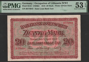 Germany OST Lithuania Latvia Poland 20 Mark PMG AU53 1918 Kowno - Picture 1 of 2