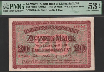 Germany OST Lithuania Latvia Poland 20 Mark PMG AU53 1918 Kowno - Image 1 of 2