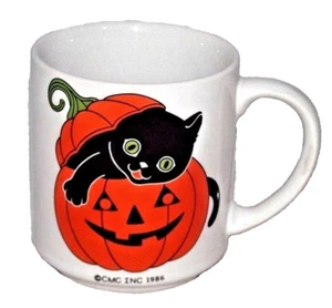Halloween Mug Black Cat Orange Pumpkin Jack O Lantern CMC 1986 Coffee Decor Cup - Picture 1 of 3