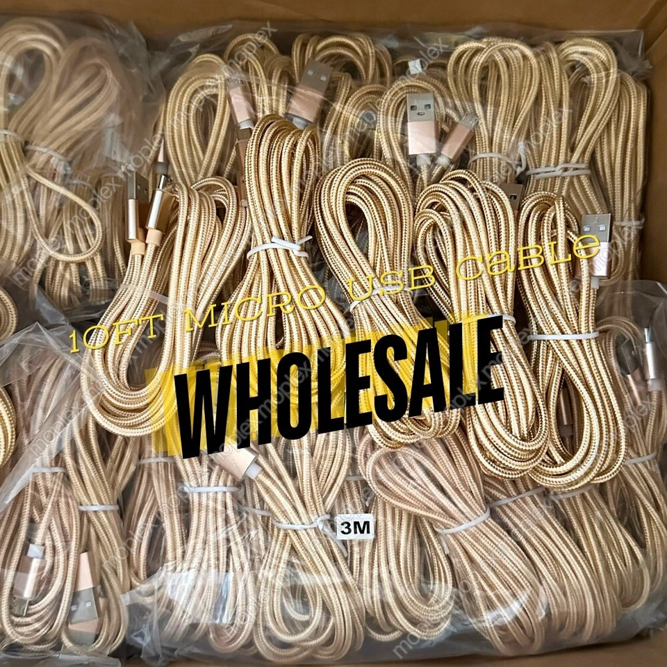 10英尺微型USB电缆快速充电器数据同步线长批量适用于三星Android LG — 第 1/4 张图片