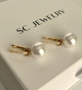 14k Gold Plated Pearl Earrings Removable Part Zircon Stone Women’s Jewelry - Picture 1 of 9
