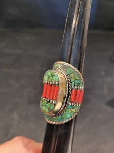 VTG 1970s Handcrafted Tibetan Nepali Ring Turquoise & Red Coral inlay size 9 - Picture 1 of 4