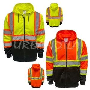 Men's Reflective Safety Full Zip Hoodie Sweatshirt Class 3 High Visibility Work - Picture 1 of 7
