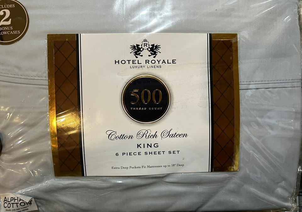 Juego de sábanas Hotel Royal algodón rico satén tamaño king 6 piezas azul liso 500 TC Foto 1 de 4