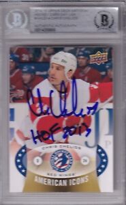 BECKETT 2014-15 UD HOCKEY CARD DAY CHRIS CHELIOS "HOF 2013" RED WINGS SIGNED 688