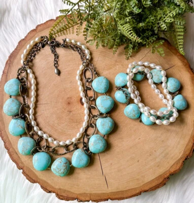 Collar y pulsera Premiere Designs Resort gruesa de perlas turquesa cadena de latón Foto 1 de 4