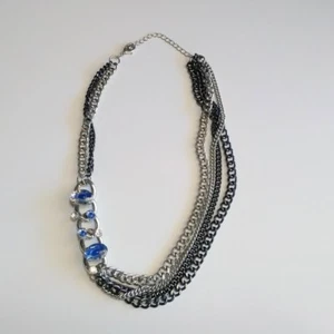 Women's Necklace Multiple Curb Chain Blue and White Rhinestones 24" w/ extension - Picture 1 of 6