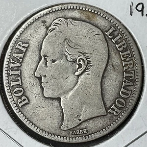 VENEZUELA 1926 ARGENTO 5 BOLIVARES 0,900 argento fine misura corona moneta FUERTE 37,3m - Foto 1 di 2