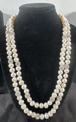 "Collar 19"" Doble Hilo Auténticas Perlas y Cristales 6mm Muy Buena Calidad! Foto 1 de 4